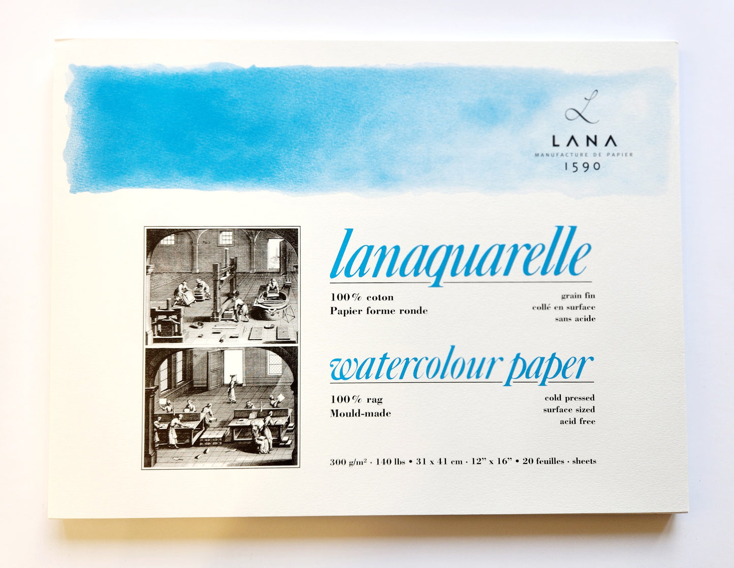 Lanaquarelle Aquarelle Pad 31 x 41 cm 300g Cold Pressed Best quality cotton aquarelle paper. 100% cotton. Size 31 x 41 cm, 300g/m2, 20 sheets glued on all 4 sides. Semi-rough paper.