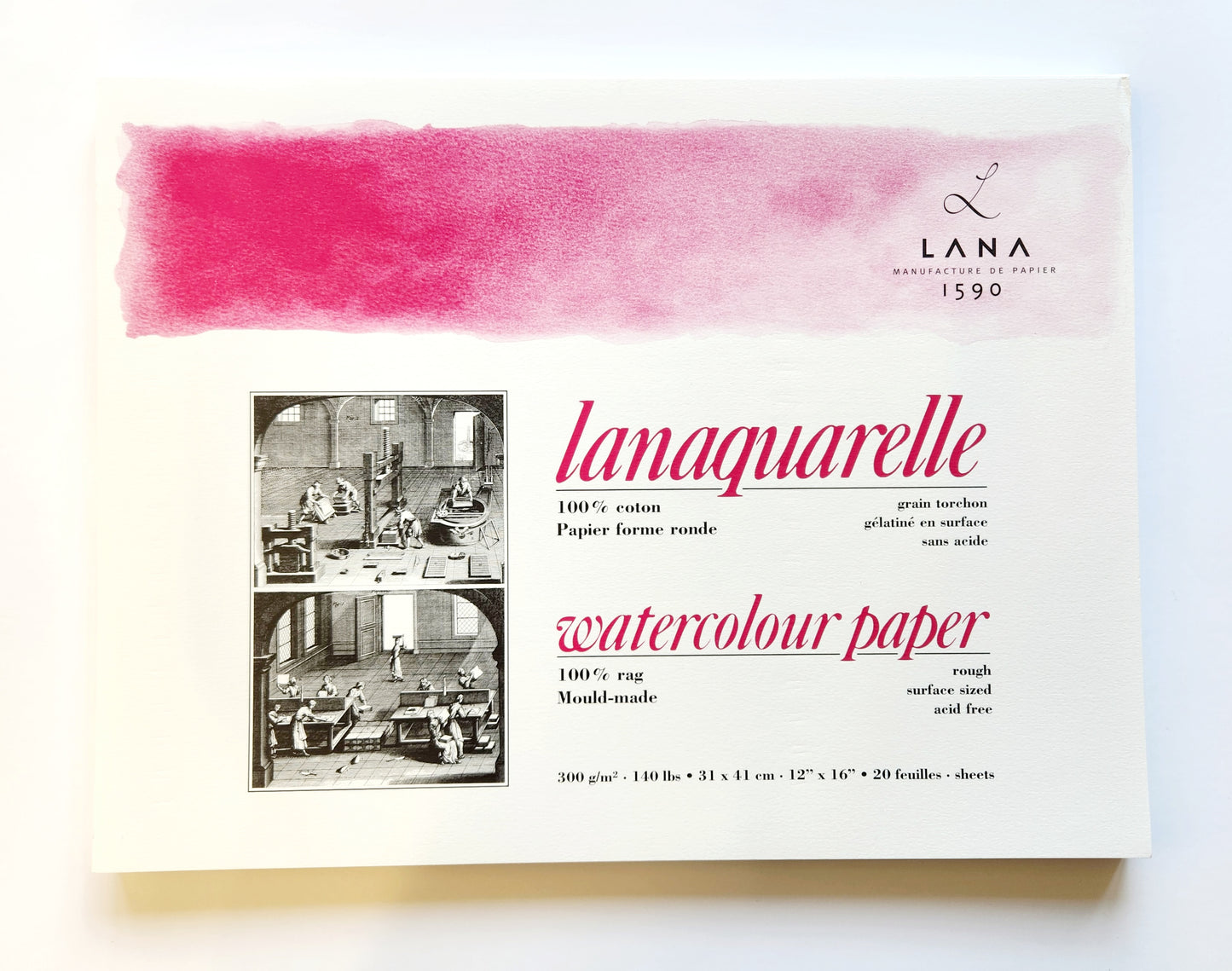 Lanaquarelle Aquarelle Pad 31 x 41 cm 300g Rough Best quality cotton aquarelle paper. 100% cotton. Size 31 x 41 cm, 300g/m2, 20 sheets glued on all 4 sides. Rough paper with distinguishing surface structure.