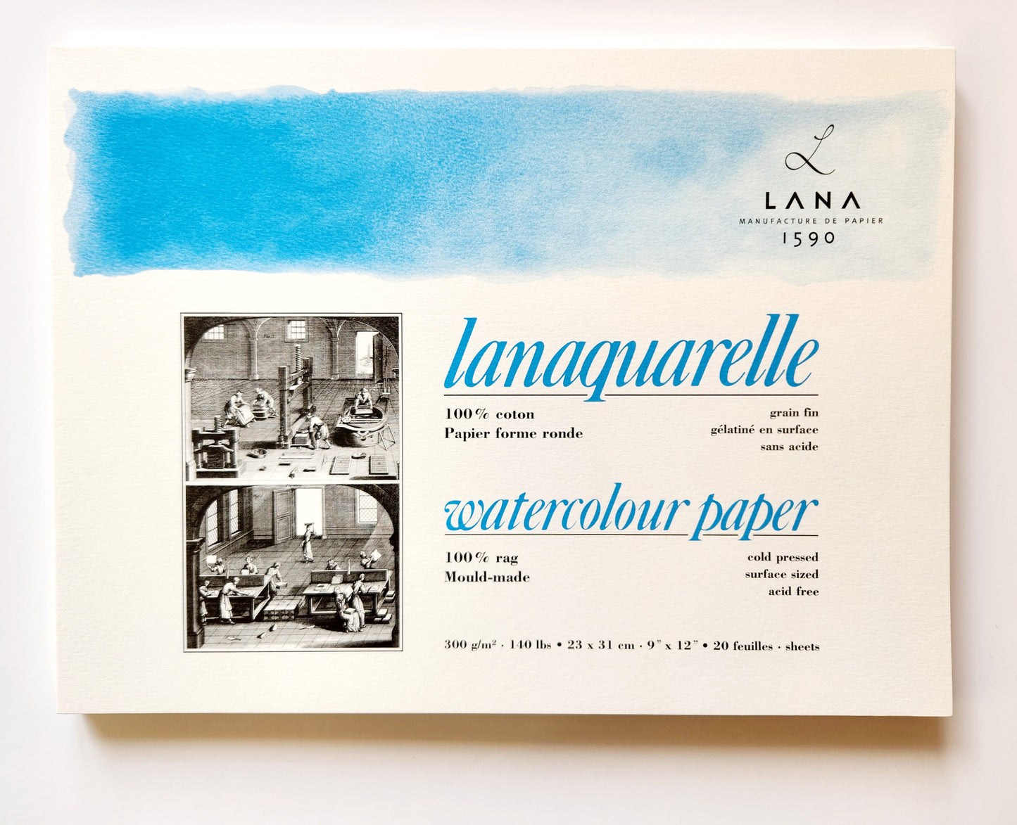 Lanaquarelle Aquarelle Pad 23x31 cm 300g Cold Pressed Best quality cotton aquarelle paper. 100% cotton. Size 23x31cm, 300g/m2, 20 sheets glued on all 4 sides. Semi-rough paper.
