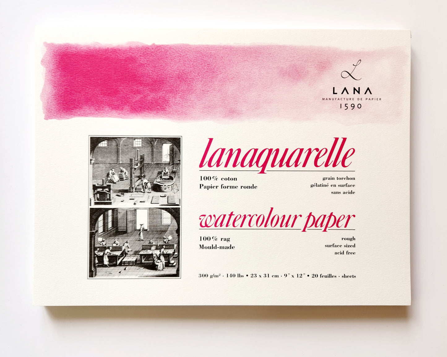 Lanaquarelle Aquarelle Pad 23 x 31 cm 300g Rough Best quality cotton aquarelle paper. 100% cotton. Size 23 x 31 cm, 300g/m2, 20 sheets glued on all 4 sides. Rough paper with distinguishing surface structure.