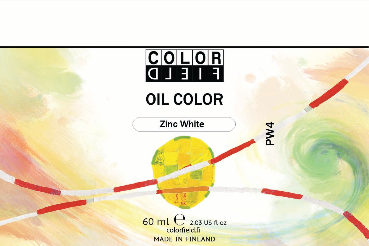 Colorfield taiteilijan öljyväri. Useat taidemaalarit suosivat öljyvärimaalauksessa Colorfield-öljyvärejämme, sillä niiden valmistuksessa ei käytetä mitään muuta kuin puhdasta pigmenttiä ja sideainetta. Teollisten öljyvärien valmistuksessa käytettävät täyteaineet sekä jatkeet puuttuvat näistä laatuväreistä kokonaan. Näillä öljyväreillä öljyvärimaalaukseen saa täysin erilaisen tuntuman. 0003 Zinc White Pigment PW4 Semi-Transparent 60 ml