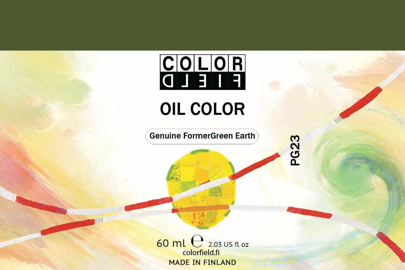 Colorfield taiteilijan öljyväri. Useat taidemaalarit suosivat öljyvärimaalauksessa Colorfield-öljyvärejämme, sillä niiden valmistuksessa ei käytetä mitään muuta kuin puhdasta pigmenttiä ja sideainetta. Teollisten öljyvärien valmistuksessa käytettävät täyteaineet sekä jatkeet puuttuvat näistä laatuväreistä kokonaan. Näillä öljyväreillä öljyvärimaalaukseen saa täysin erilaisen tuntuman. 0071 Genuine Former Green Earth - Bohemian Green Earth Pigment PG23 Semi-Transparent 60 ml