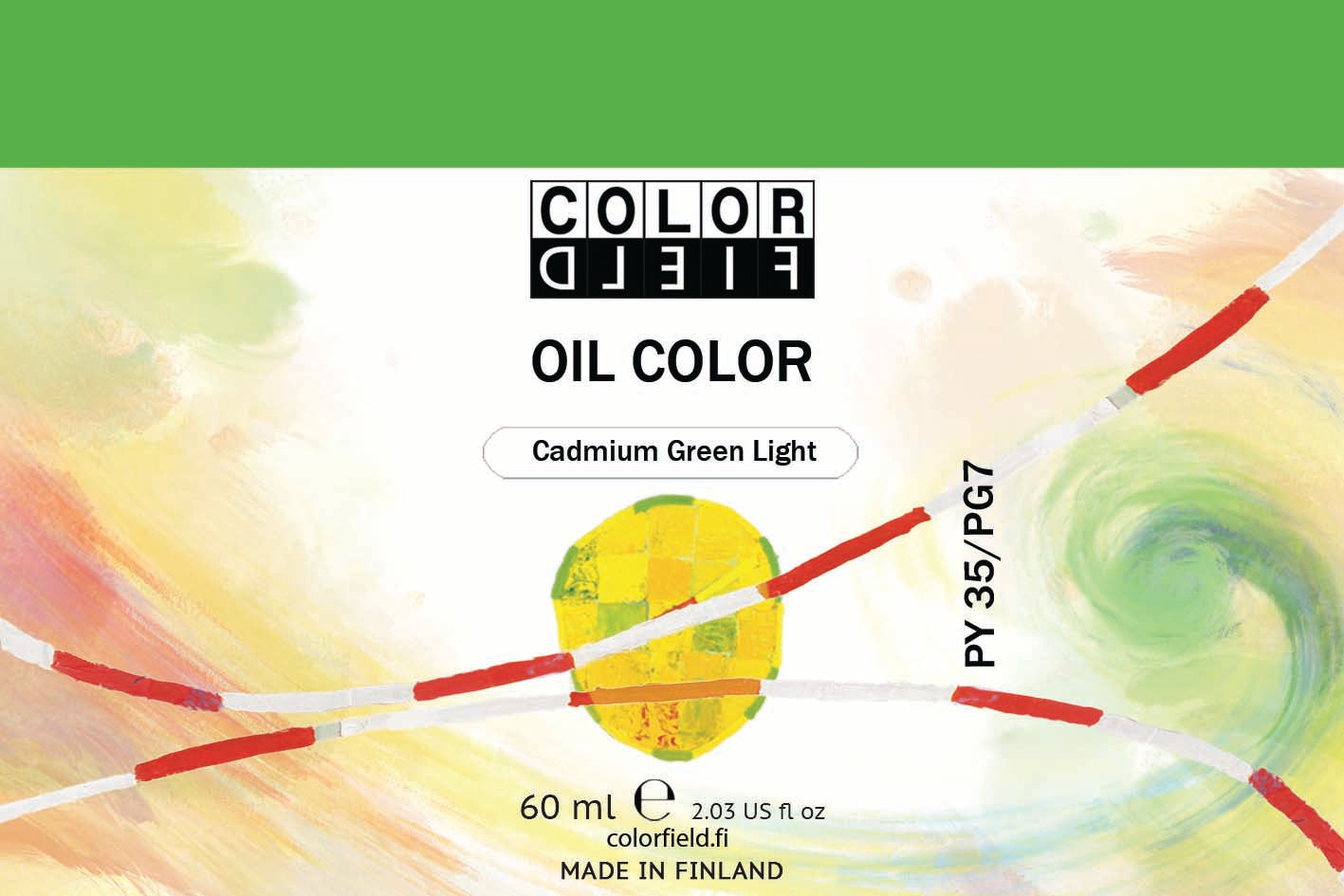 Colorfield taiteilijan öljyväri. Useat taidemaalarit suosivat öljyvärimaalauksessa Colorfield-öljyvärejämme, sillä niiden valmistuksessa ei käytetä mitään muuta kuin puhdasta pigmenttiä ja sideainetta. Teollisten öljyvärien valmistuksessa käytettävät täyteaineet sekä jatkeet puuttuvat näistä laatuväreistä kokonaan. Näillä öljyväreillä öljyvärimaalaukseen saa täysin erilaisen tuntuman. 0059 Cadmium Green Light Pigments PY35 / PG7 Opaque 60 ml
