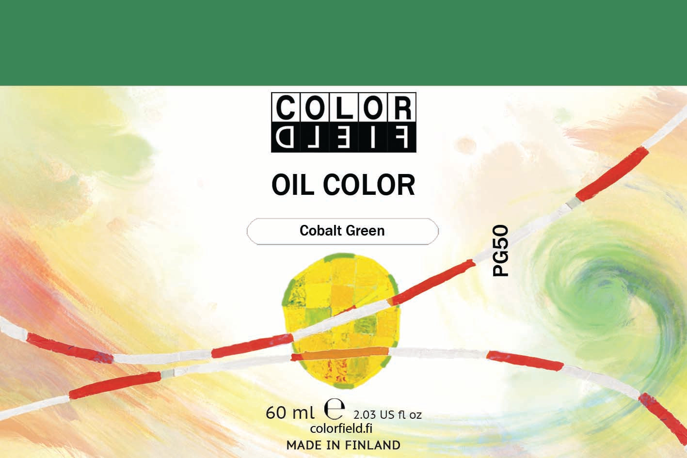 Colorfield taiteilijan öljyväri. Useat taidemaalarit suosivat öljyvärimaalauksessa Colorfield-öljyvärejämme, sillä niiden valmistuksessa ei käytetä mitään muuta kuin puhdasta pigmenttiä ja sideainetta. Teollisten öljyvärien valmistuksessa käytettävät täyteaineet sekä jatkeet puuttuvat näistä laatuväreistä kokonaan. Näillä öljyväreillä öljyvärimaalaukseen saa täysin erilaisen tuntuman. 0060 Cobalt Green Pigment PG50 Opaque 60 ml