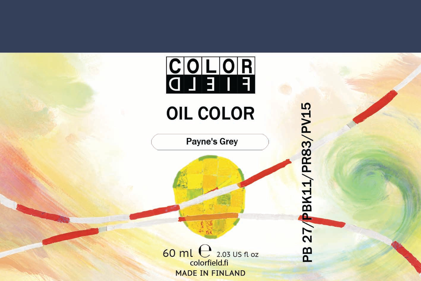Colorfield taiteilijan öljyväri. Useat taidemaalarit suosivat öljyvärimaalauksessa Colorfield-öljyvärejämme, sillä niiden valmistuksessa ei käytetä mitään muuta kuin puhdasta pigmenttiä ja sideainetta. Teollisten öljyvärien valmistuksessa käytettävät täyteaineet sekä jatkeet puuttuvat näistä laatuväreistä kokonaan. Näillä öljyväreillä öljyvärimaalaukseen saa täysin erilaisen tuntuman. 0073 Payne's Grey Pigments PB27 / PBk11 / PR83 / PV15 Semi-Opaque 60 ml