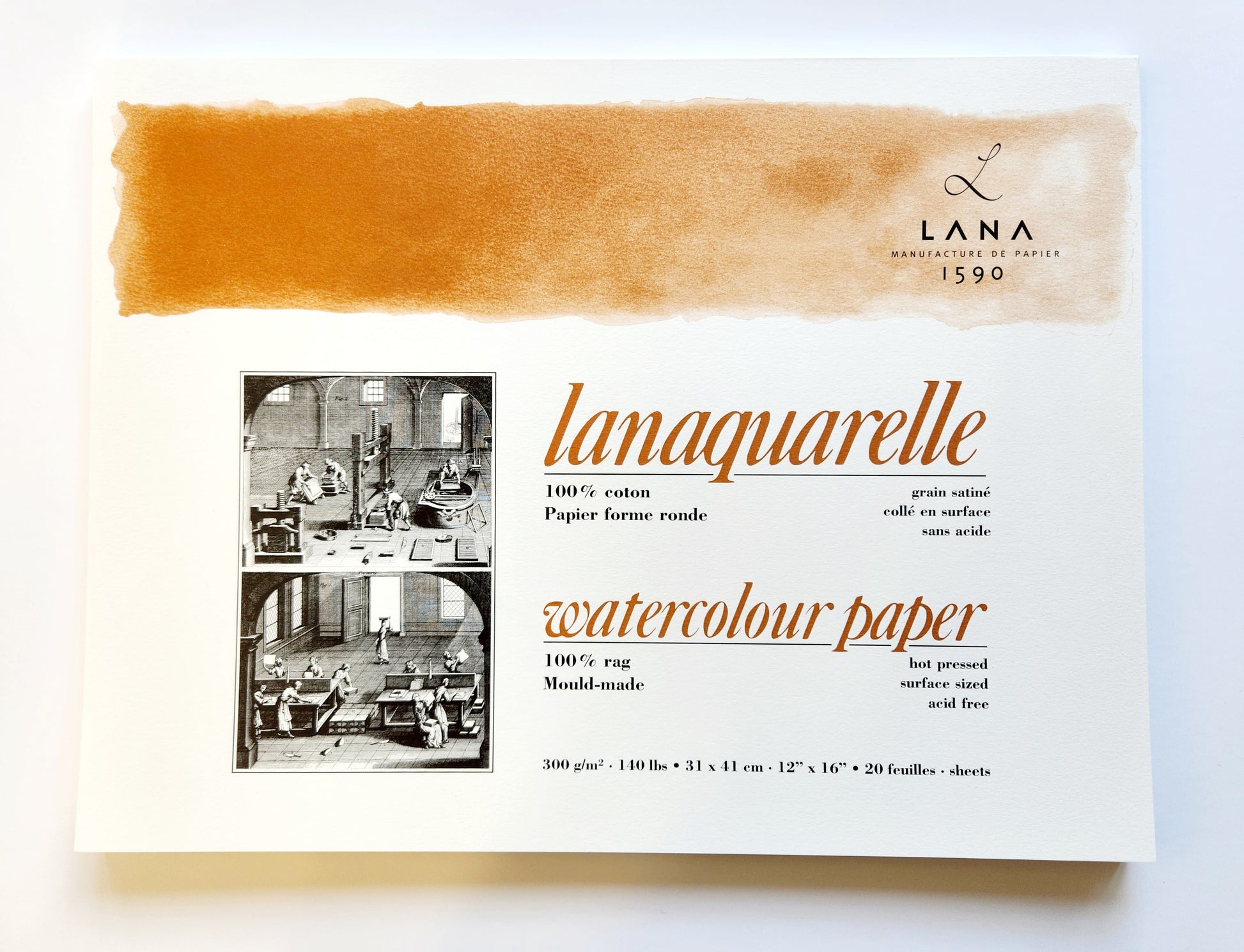 Lanaquarelle Aquarelle Pad 31 x 41 cm 300g Hot Pressed  Best quality cotton aquarelle paper. 100% cotton. Size 31 x 41 cm, 300g/m2, 20 sheets glued on all 4 sides. Smooth paper for portraits or detailed work.