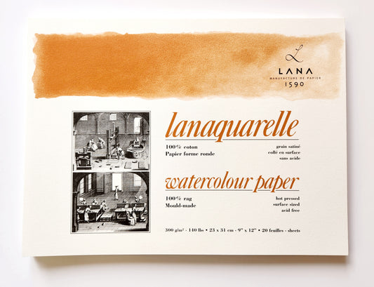 Lanaquarelle Aquarelle Pad 23x31 cm 300g Hot Pressed  Best quality cotton aquarelle paper. 100% cotton. Size 23x31cm, 300g/m2, 20 sheets glued on all 4 sides. Smooth paper for portraits or detailed work. 