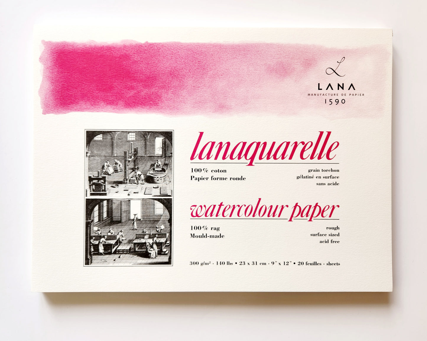 Lanaquarelle Aquarelle Pad 23 x 31 cm 300g Rough  Best quality cotton aquarelle paper. 100% cotton. Size 23 x 31 cm, 300g/m2, 20 sheets glued on all 4 sides. Rough paper with distinguishing surface structure. 