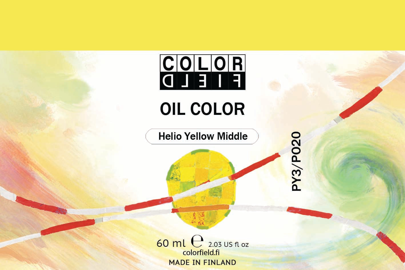 Colorfield taiteilijan öljyväri. Useat taidemaalarit suosivat öljyvärimaalauksessa Colorfield-öljyvärejämme, sillä niiden valmistuksessa ei käytetä mitään muuta kuin puhdasta pigmenttiä ja sideainetta. Teollisten öljyvärien valmistuksessa käytettävät täyteaineet sekä jatkeet puuttuvat näistä laatuväreistä kokonaan. Näillä öljyväreillä öljyvärimaalaukseen saa täysin erilaisen tuntuman. 0015 Helio Gen. Yellow Middle   Pigments PY3 / PO20  Transparent  60 ml