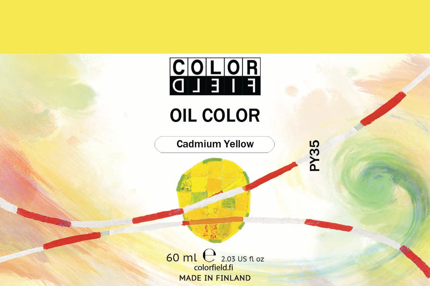 Colorfield taiteilijan öljyväri. Useat taidemaalarit suosivat öljyvärimaalauksessa Colorfield-öljyvärejämme, sillä niiden valmistuksessa ei käytetä mitään muuta kuin puhdasta pigmenttiä ja sideainetta. Teollisten öljyvärien valmistuksessa käytettävät täyteaineet sekä jatkeet puuttuvat näistä laatuväreistä kokonaan. Näillä öljyväreillä öljyvärimaalaukseen saa täysin erilaisen tuntuman. 0011 Cadmium Yellow  Pigment PY35  Opaque   60 ml