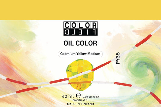 Colorfield taiteilijan öljyväri. Useat taidemaalarit suosivat öljyvärimaalauksessa Colorfield-öljyvärejämme, sillä niiden valmistuksessa ei käytetä mitään muuta kuin puhdasta pigmenttiä ja sideainetta. Teollisten öljyvärien valmistuksessa käytettävät täyteaineet sekä jatkeet puuttuvat näistä laatuväreistä kokonaan. Näillä öljyväreillä öljyvärimaalaukseen saa täysin erilaisen tuntuman. 0012 Cadmium Yellow Medium  Pigment PY35  Opaque  60 ml