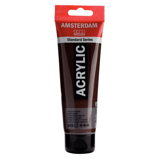 409 Poltettu Umbra Amsterdam Akryylimaali 120 ml  Royal Talens Akryylimaalit 120 ml tuubissa. Amsterdam akryylimaali on hintatietoisen harrastajan valinta. Maalin pohjana on kestävä 100 % akryylihartsi ja maali on saatavilla useissa värisävyissä. Amsterdam akryylimaali kuivuu nopeasti ja on myrkytöntä. Vesiliukoinen ennen kuivumista. Kuivuttuaan vedenkestävä.