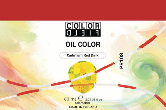 Colorfield taiteilijan öljyväri. Useat taidemaalarit suosivat öljyvärimaalauksessa Colorfield-öljyvärejämme, sillä niiden valmistuksessa ei käytetä mitään muuta kuin puhdasta pigmenttiä ja sideainetta. Teollisten öljyvärien valmistuksessa käytettävät täyteaineet sekä jatkeet puuttuvat näistä laatuväreistä kokonaan. Näillä öljyväreillä öljyvärimaalaukseen saa täysin erilaisen tuntuman. 0018 Cadmium Red Dark  Pigment PR108  Opaque  60 ml