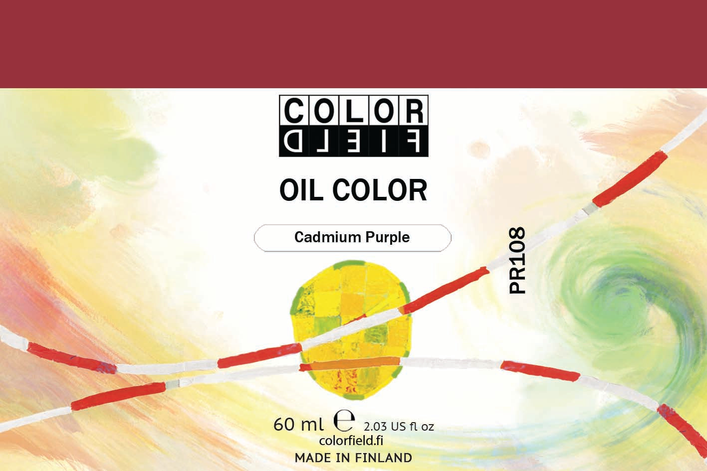 Colorfield taiteilijan öljyväri. Useat taidemaalarit suosivat öljyvärimaalauksessa Colorfield-öljyvärejämme, sillä niiden valmistuksessa ei käytetä mitään muuta kuin puhdasta pigmenttiä ja sideainetta. Teollisten öljyvärien valmistuksessa käytettävät täyteaineet sekä jatkeet puuttuvat näistä laatuväreistä kokonaan. Näillä öljyväreillä öljyvärimaalaukseen saa täysin erilaisen tuntuman. 0019 Cadmium Purple  Pigment PR108  Opaque  60 ml