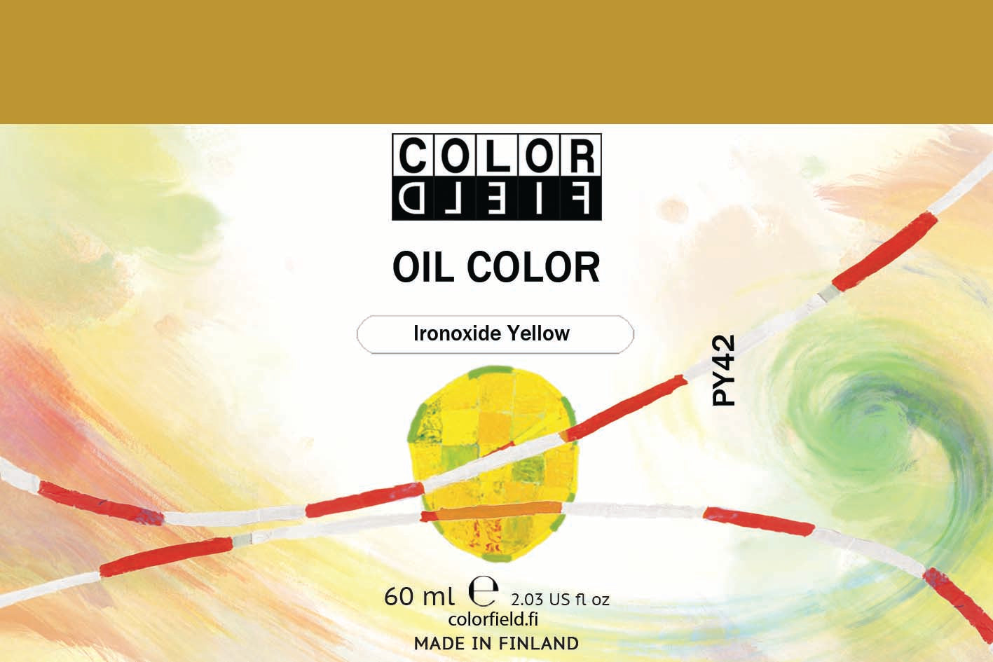 Colorfield taiteilijan öljyväri. Useat taidemaalarit suosivat öljyvärimaalauksessa Colorfield-öljyvärejämme, sillä niiden valmistuksessa ei käytetä mitään muuta kuin puhdasta pigmenttiä ja sideainetta. Teollisten öljyvärien valmistuksessa käytettävät täyteaineet sekä jatkeet puuttuvat näistä laatuväreistä kokonaan. Näillä öljyväreillä öljyvärimaalaukseen saa täysin erilaisen tuntuman. 0070 Iron Oxide Yellow  Pigment PY42  Opaque   60 ml