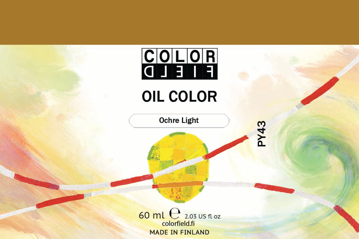 Colorfield taiteilijan öljyväri. Useat taidemaalarit suosivat öljyvärimaalauksessa Colorfield-öljyvärejämme, sillä niiden valmistuksessa ei käytetä mitään muuta kuin puhdasta pigmenttiä ja sideainetta. Teollisten öljyvärien valmistuksessa käytettävät täyteaineet sekä jatkeet puuttuvat näistä laatuväreistä kokonaan. Näillä öljyväreillä öljyvärimaalaukseen saa täysin erilaisen tuntuman. 0005 Ochre Light  Pigment PY43  Opaque   60 ml