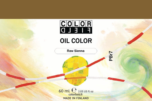 Colorfield taiteilijan öljyväri. Useat taidemaalarit suosivat öljyvärimaalauksessa Colorfield-öljyvärejämme, sillä niiden valmistuksessa ei käytetä mitään muuta kuin puhdasta pigmenttiä ja sideainetta. Teollisten öljyvärien valmistuksessa käytettävät täyteaineet sekä jatkeet puuttuvat näistä laatuväreistä kokonaan. Näillä öljyväreillä öljyvärimaalaukseen saa täysin erilaisen tuntuman. 0042 Raw Sienna  Pigment PBr7  Opaque  60 ml