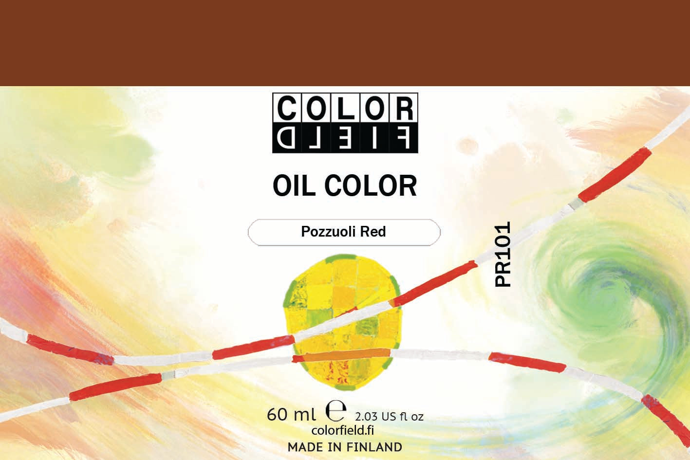Colorfield taiteilijan öljyväri. Useat taidemaalarit suosivat öljyvärimaalauksessa Colorfield-öljyvärejämme, sillä niiden valmistuksessa ei käytetä mitään muuta kuin puhdasta pigmenttiä ja sideainetta. Teollisten öljyvärien valmistuksessa käytettävät täyteaineet sekä jatkeet puuttuvat näistä laatuväreistä kokonaan. Näillä öljyväreillä öljyvärimaalaukseen saa täysin erilaisen tuntuman. 0008 Pozzuoli Red  Pigment PR101  Opaque  60 ml