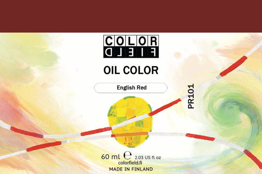 Colorfield taiteilijan öljyväri. Useat taidemaalarit suosivat öljyvärimaalauksessa Colorfield-öljyvärejämme, sillä niiden valmistuksessa ei käytetä mitään muuta kuin puhdasta pigmenttiä ja sideainetta. Teollisten öljyvärien valmistuksessa käytettävät täyteaineet sekä jatkeet puuttuvat näistä laatuväreistä kokonaan. Näillä öljyväreillä öljyvärimaalaukseen saa täysin erilaisen tuntuman. 0046 English Red  Pigment PR101  Opaque  60 ml