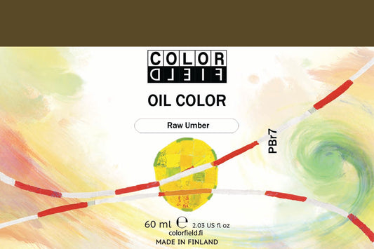 Colorfield taiteilijan öljyväri. Useat taidemaalarit suosivat öljyvärimaalauksessa Colorfield-öljyvärejämme, sillä niiden valmistuksessa ei käytetä mitään muuta kuin puhdasta pigmenttiä ja sideainetta. Teollisten öljyvärien valmistuksessa käytettävät täyteaineet sekä jatkeet puuttuvat näistä laatuväreistä kokonaan. Näillä öljyväreillä öljyvärimaalaukseen saa täysin erilaisen tuntuman. 0050 Raw Umber  Pigment PBr7  Semi-Opaque  60 ml