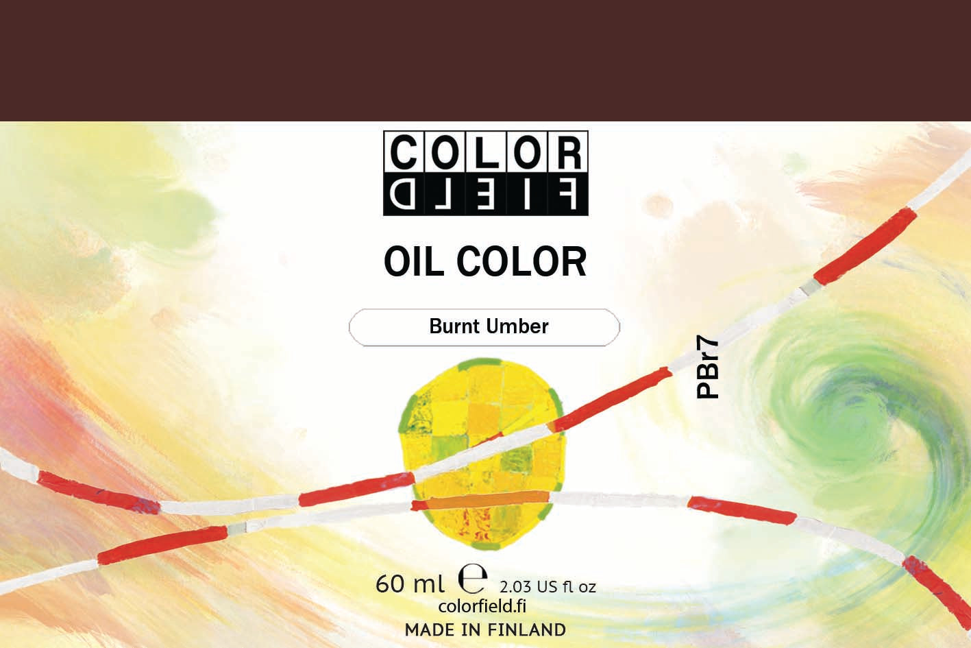 Colorfield taiteilijan öljyväri. Useat taidemaalarit suosivat öljyvärimaalauksessa Colorfield-öljyvärejämme, sillä niiden valmistuksessa ei käytetä mitään muuta kuin puhdasta pigmenttiä ja sideainetta. Teollisten öljyvärien valmistuksessa käytettävät täyteaineet sekä jatkeet puuttuvat näistä laatuväreistä kokonaan. Näillä öljyväreillä öljyvärimaalaukseen saa täysin erilaisen tuntuman. 0049 Burnt Umber  Pigment PBr7  Semi-Opaque  60 ml