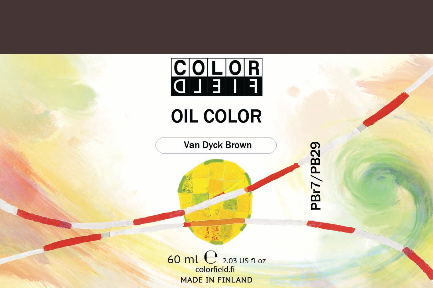 Colorfield taiteilijan öljyväri. Useat taidemaalarit suosivat öljyvärimaalauksessa Colorfield-öljyvärejämme, sillä niiden valmistuksessa ei käytetä mitään muuta kuin puhdasta pigmenttiä ja sideainetta. Teollisten öljyvärien valmistuksessa käytettävät täyteaineet sekä jatkeet puuttuvat näistä laatuväreistä kokonaan. Näillä öljyväreillä öljyvärimaalaukseen saa täysin erilaisen tuntuman. 0048 Van Dyck Brown  Pigments PBr7 / PB29  Semi-Opaque  60 ml