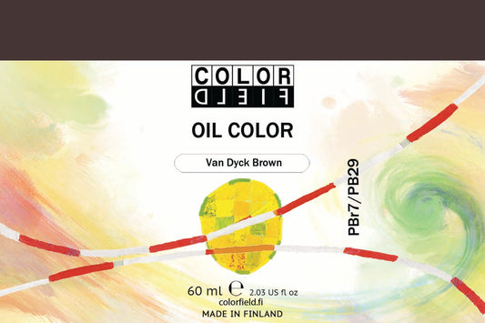 Colorfield taiteilijan öljyväri. Useat taidemaalarit suosivat öljyvärimaalauksessa Colorfield-öljyvärejämme, sillä niiden valmistuksessa ei käytetä mitään muuta kuin puhdasta pigmenttiä ja sideainetta. Teollisten öljyvärien valmistuksessa käytettävät täyteaineet sekä jatkeet puuttuvat näistä laatuväreistä kokonaan. Näillä öljyväreillä öljyvärimaalaukseen saa täysin erilaisen tuntuman. 0048 Van Dyck Brown  Pigments PBr7 / PB29  Semi-Opaque  60 ml