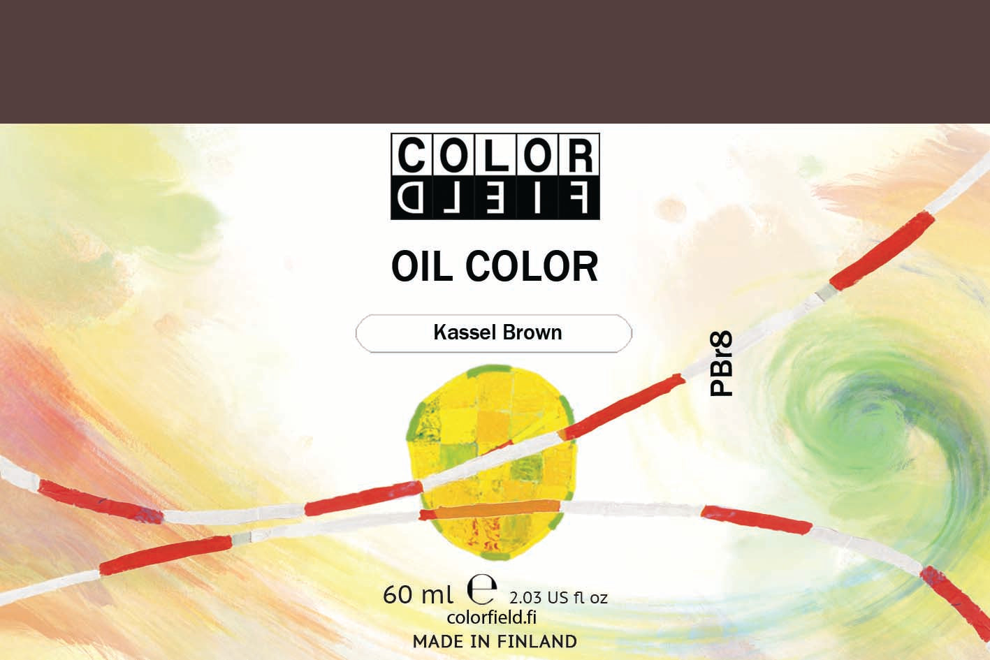 Colorfield taiteilijan öljyväri. Useat taidemaalarit suosivat öljyvärimaalauksessa Colorfield-öljyvärejämme, sillä niiden valmistuksessa ei käytetä mitään muuta kuin puhdasta pigmenttiä ja sideainetta. Teollisten öljyvärien valmistuksessa käytettävät täyteaineet sekä jatkeet puuttuvat näistä laatuväreistä kokonaan. Näillä öljyväreillä öljyvärimaalaukseen saa täysin erilaisen tuntuman. 0047 Kassel Brown  Pigment PBr8  Semi-Transparent  60 ml