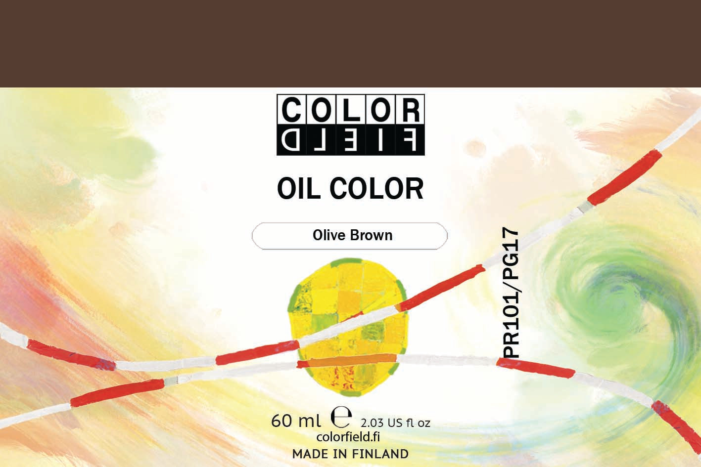 Colorfield taiteilijan öljyväri. Useat taidemaalarit suosivat öljyvärimaalauksessa Colorfield-öljyvärejämme, sillä niiden valmistuksessa ei käytetä mitään muuta kuin puhdasta pigmenttiä ja sideainetta. Teollisten öljyvärien valmistuksessa käytettävät täyteaineet sekä jatkeet puuttuvat näistä laatuväreistä kokonaan. Näillä öljyväreillä öljyvärimaalaukseen saa täysin erilaisen tuntuman. 0068 Olive Brown   Pigments PR101 / PG17  Opaque  60 ml