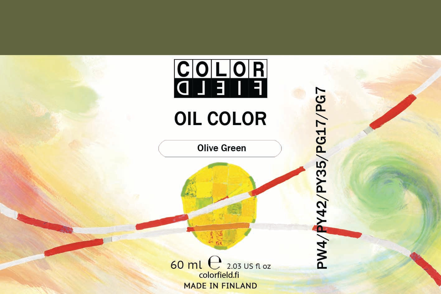 Colorfield taiteilijan öljyväri. Useat taidemaalarit suosivat öljyvärimaalauksessa Colorfield-öljyvärejämme, sillä niiden valmistuksessa ei käytetä mitään muuta kuin puhdasta pigmenttiä ja sideainetta. Teollisten öljyvärien valmistuksessa käytettävät täyteaineet sekä jatkeet puuttuvat näistä laatuväreistä kokonaan. Näillä öljyväreillä öljyvärimaalaukseen saa täysin erilaisen tuntuman. 0067 Olive Green   Pigments PW4 / PY42 / PY35 / PG17 / PG7  Opaque  60 ml 