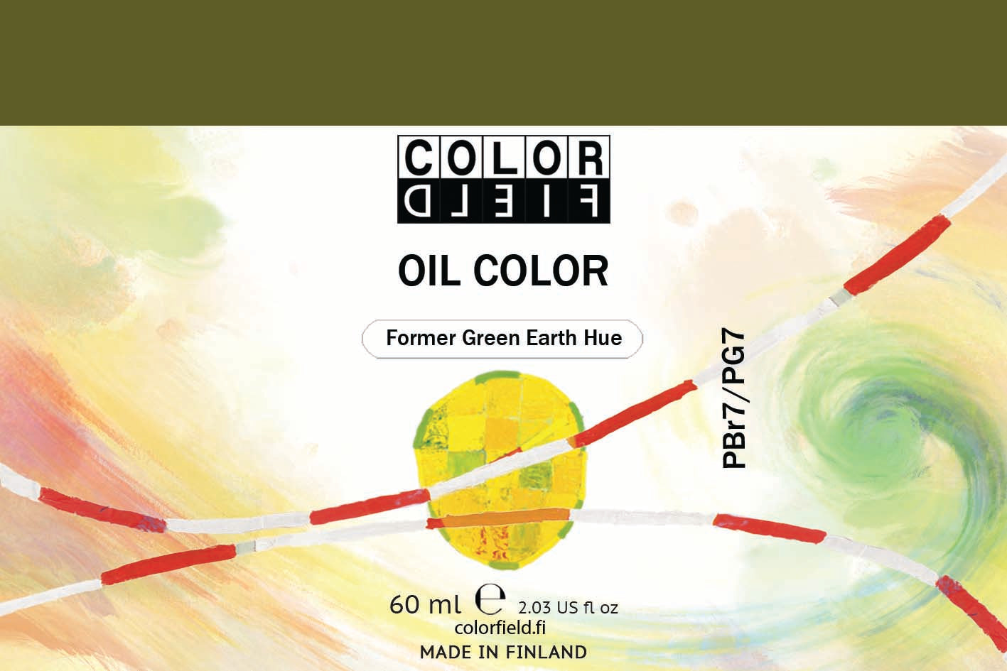 Colorfield taiteilijan öljyväri. Useat taidemaalarit suosivat öljyvärimaalauksessa Colorfield-öljyvärejämme, sillä niiden valmistuksessa ei käytetä mitään muuta kuin puhdasta pigmenttiä ja sideainetta. Teollisten öljyvärien valmistuksessa käytettävät täyteaineet sekä jatkeet puuttuvat näistä laatuväreistä kokonaan. Näillä öljyväreillä öljyvärimaalaukseen saa täysin erilaisen tuntuman. 0058 Former Green Earth Hue  PBr7 / PG7  Semi-Opaque  60 ml