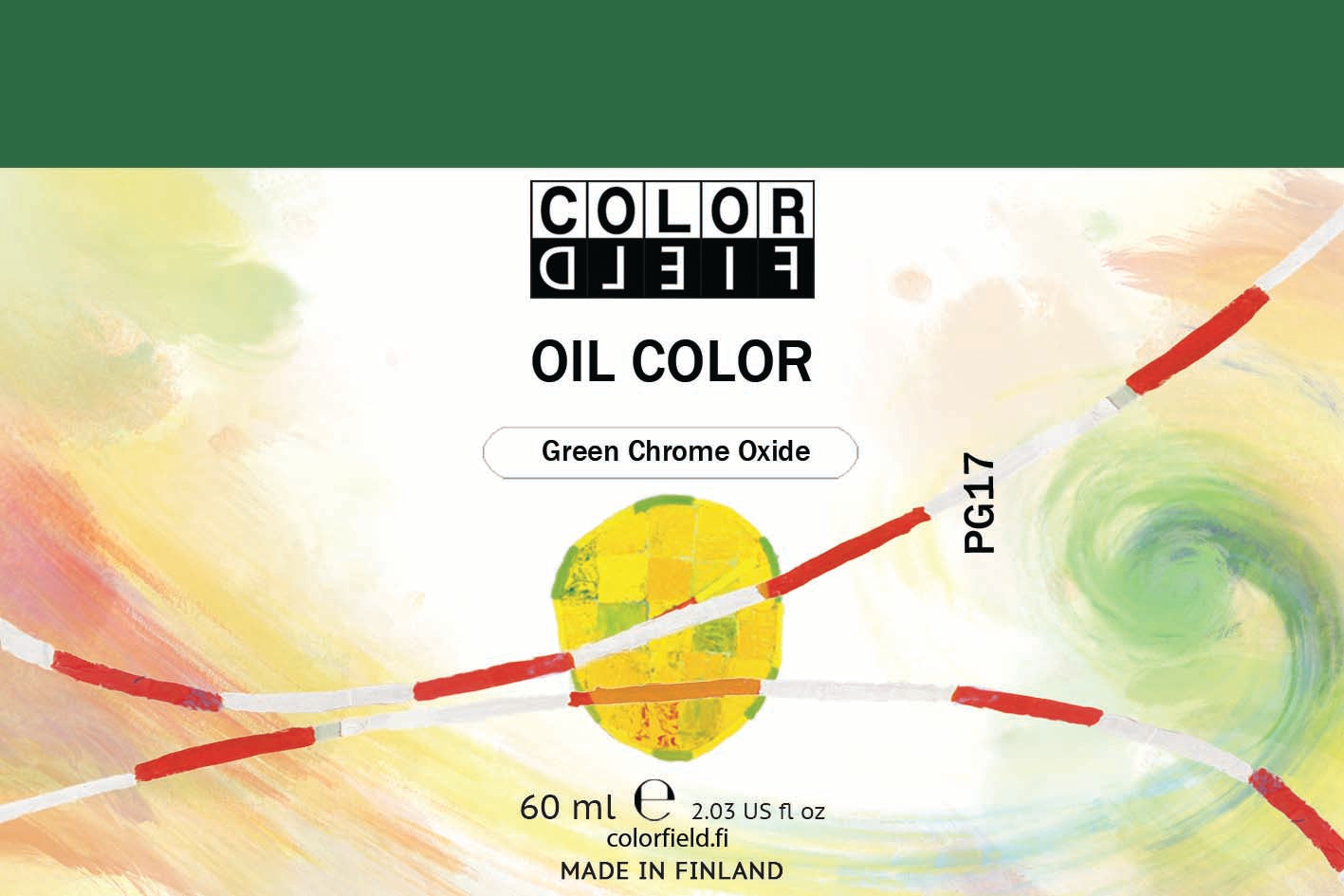 Colorfield taiteilijan öljyväri. Useat taidemaalarit suosivat öljyvärimaalauksessa Colorfield-öljyvärejämme, sillä niiden valmistuksessa ei käytetä mitään muuta kuin puhdasta pigmenttiä ja sideainetta. Teollisten öljyvärien valmistuksessa käytettävät täyteaineet sekä jatkeet puuttuvat näistä laatuväreistä kokonaan. Näillä öljyväreillä öljyvärimaalaukseen saa täysin erilaisen tuntuman. 0038 Green Chrome Oxide  Pigment PG17  Opaque  60 ml