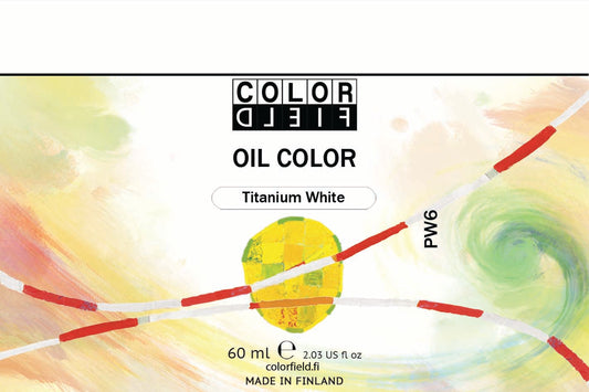 Colorfield taiteilijan öljyväri. Useat taidemaalarit suosivat öljyvärimaalauksessa Colorfield-öljyvärejämme, sillä niiden valmistuksessa ei käytetä mitään muuta kuin puhdasta pigmenttiä ja sideainetta. Teollisten öljyvärien valmistuksessa käytettävät täyteaineet sekä jatkeet puuttuvat näistä laatuväreistä kokonaan. Näillä öljyväreillä öljyvärimaalaukseen saa täysin erilaisen tuntuman. 0004 Titanium White  Pigment PW6  Opaque  60 ml
