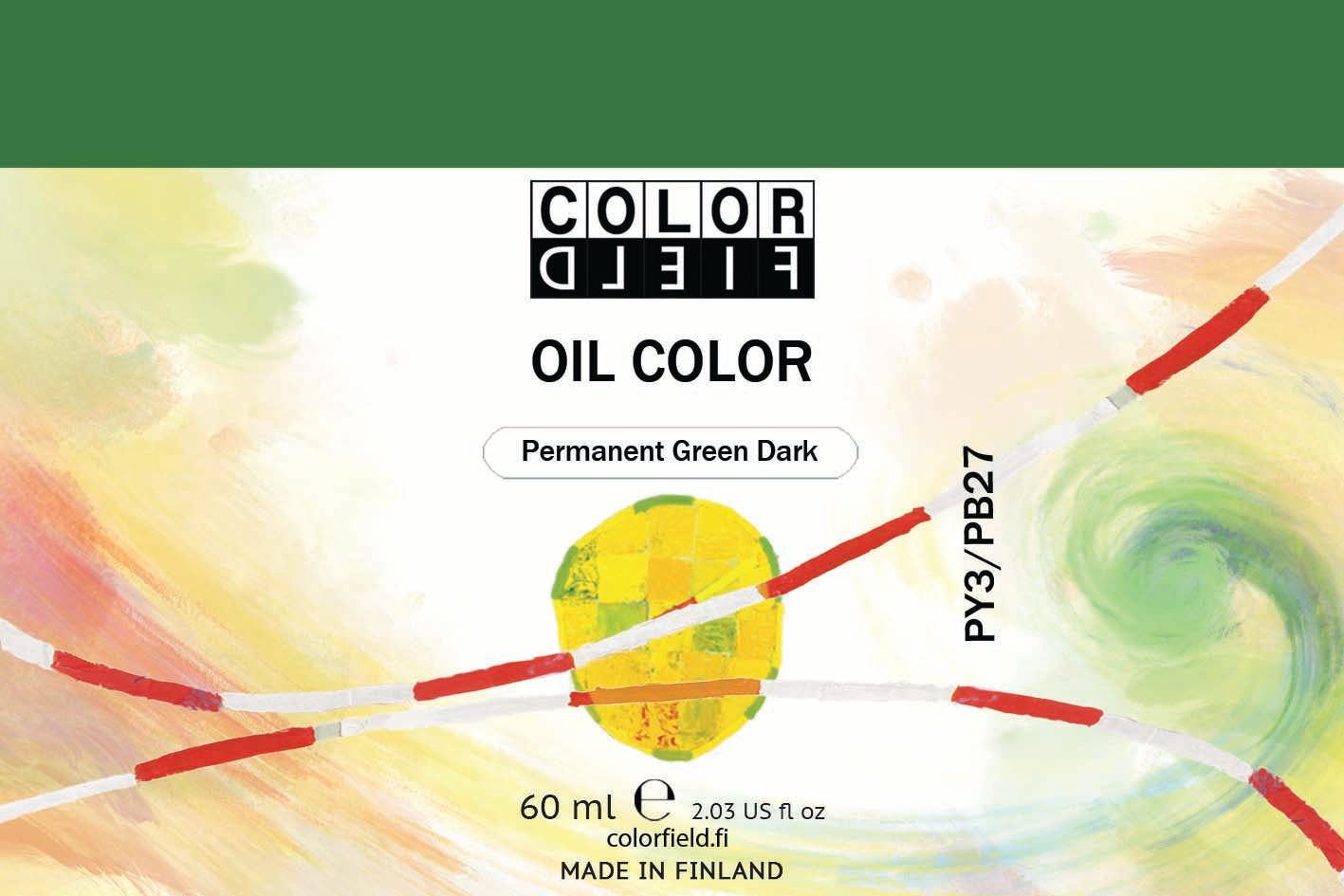 Colorfield taiteilijan öljyväri. Useat taidemaalarit suosivat öljyvärimaalauksessa Colorfield-öljyvärejämme, sillä niiden valmistuksessa ei käytetä mitään muuta kuin puhdasta pigmenttiä ja sideainetta. Teollisten öljyvärien valmistuksessa käytettävät täyteaineet sekä jatkeet puuttuvat näistä laatuväreistä kokonaan. Näillä öljyväreillä öljyvärimaalaukseen saa täysin erilaisen tuntuman. 0036 Permanent Green Dark   Pigments PY3 / PB27  Semi-Transparent  60 ml