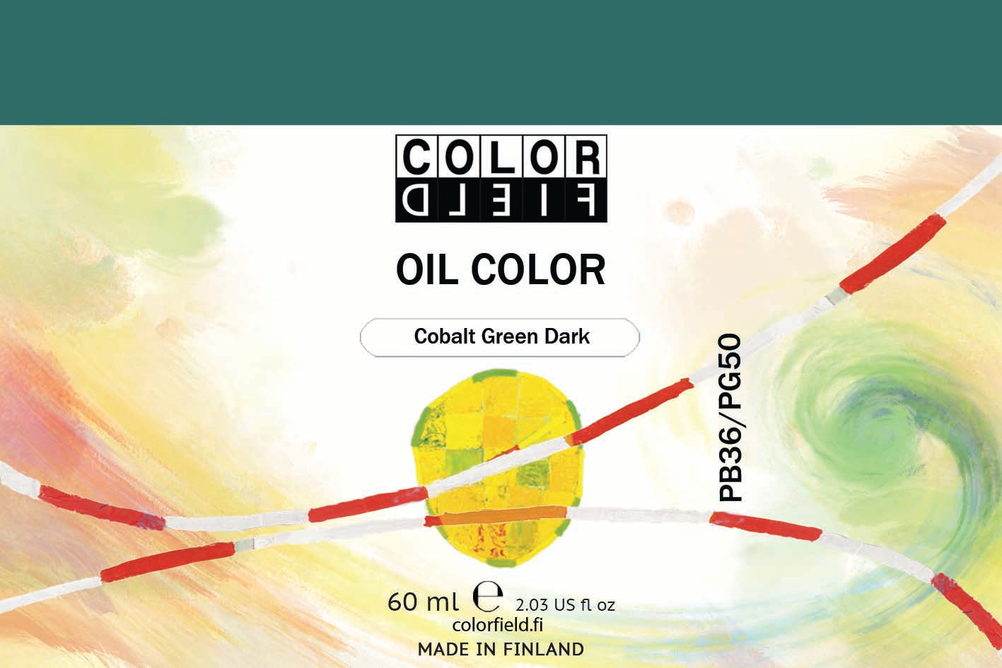 Colorfield taiteilijan öljyväri. Useat taidemaalarit suosivat öljyvärimaalauksessa Colorfield-öljyvärejämme, sillä niiden valmistuksessa ei käytetä mitään muuta kuin puhdasta pigmenttiä ja sideainetta. Teollisten öljyvärien valmistuksessa käytettävät täyteaineet sekä jatkeet puuttuvat näistä laatuväreistä kokonaan. Näillä öljyväreillä öljyvärimaalaukseen saa täysin erilaisen tuntuman. 0034 Cobalt Green Dark  Pigments PB36 / PG50  Opaque  60 ml