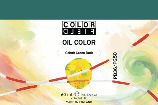 Colorfield taiteilijan öljyväri. Useat taidemaalarit suosivat öljyvärimaalauksessa Colorfield-öljyvärejämme, sillä niiden valmistuksessa ei käytetä mitään muuta kuin puhdasta pigmenttiä ja sideainetta. Teollisten öljyvärien valmistuksessa käytettävät täyteaineet sekä jatkeet puuttuvat näistä laatuväreistä kokonaan. Näillä öljyväreillä öljyvärimaalaukseen saa täysin erilaisen tuntuman. 0034 Cobalt Green Dark  Pigments PB36 / PG50  Opaque  60 ml
