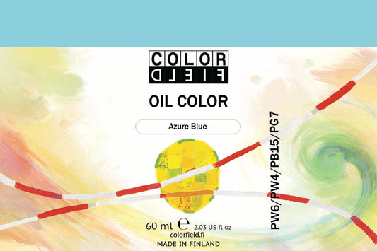 Colorfield taiteilijan öljyväri. Useat taidemaalarit suosivat öljyvärimaalauksessa Colorfield-öljyvärejämme, sillä niiden valmistuksessa ei käytetä mitään muuta kuin puhdasta pigmenttiä ja sideainetta. Teollisten öljyvärien valmistuksessa käytettävät täyteaineet sekä jatkeet puuttuvat näistä laatuväreistä kokonaan. Näillä öljyväreillä öljyvärimaalaukseen saa täysin erilaisen tuntuman. 0041 Azure Blue  Pigments PW6 / PW4 / PB15 / PG7   Semi-Opaque  60 ml