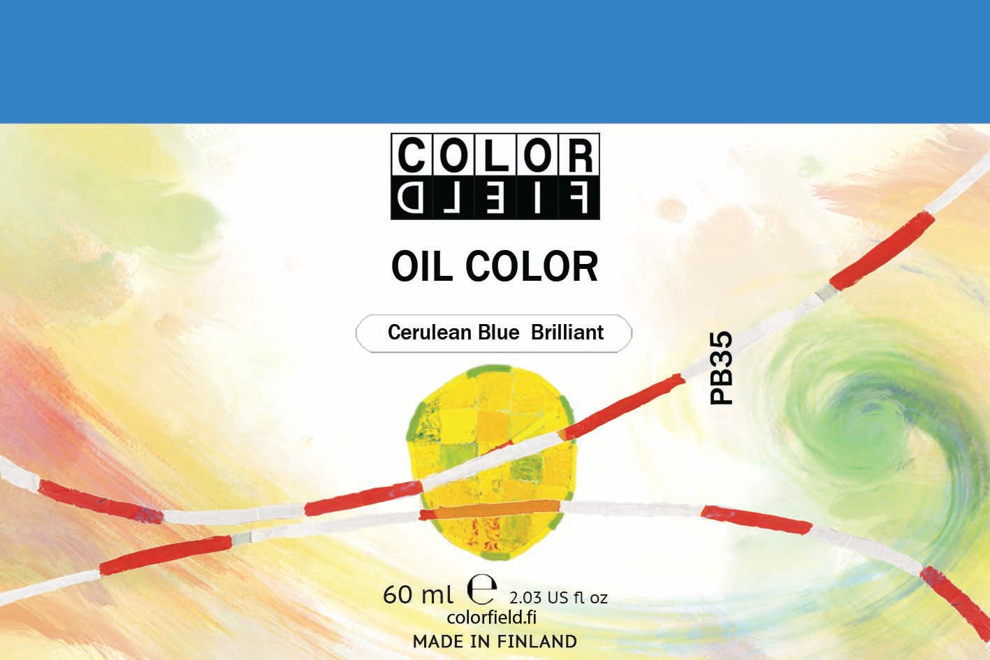 Colorfield taiteilijan öljyväri. Useat taidemaalarit suosivat öljyvärimaalauksessa Colorfield-öljyvärejämme, sillä niiden valmistuksessa ei käytetä mitään muuta kuin puhdasta pigmenttiä ja sideainetta. Teollisten öljyvärien valmistuksessa käytettävät täyteaineet sekä jatkeet puuttuvat näistä laatuväreistä kokonaan. Näillä öljyväreillä öljyvärimaalaukseen saa täysin erilaisen tuntuman. 0093 Cerulean Blue Brilliant   Pigment PB35  Opaque  60 ml