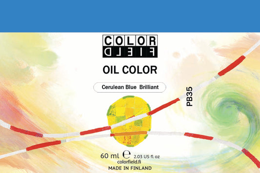Colorfield taiteilijan öljyväri. Useat taidemaalarit suosivat öljyvärimaalauksessa Colorfield-öljyvärejämme, sillä niiden valmistuksessa ei käytetä mitään muuta kuin puhdasta pigmenttiä ja sideainetta. Teollisten öljyvärien valmistuksessa käytettävät täyteaineet sekä jatkeet puuttuvat näistä laatuväreistä kokonaan. Näillä öljyväreillä öljyvärimaalaukseen saa täysin erilaisen tuntuman. 0093 Cerulean Blue Brilliant   Pigment PB35  Opaque  60 ml