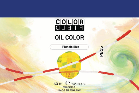 Colorfield taiteilijan öljyväri. Useat taidemaalarit suosivat öljyvärimaalauksessa Colorfield-öljyvärejämme, sillä niiden valmistuksessa ei käytetä mitään muuta kuin puhdasta pigmenttiä ja sideainetta. Teollisten öljyvärien valmistuksessa käytettävät täyteaineet sekä jatkeet puuttuvat näistä laatuväreistä kokonaan. Näillä öljyväreillä öljyvärimaalaukseen saa täysin erilaisen tuntuman. 0030 Phthalo Blue  Pigment PB15  Semi-Transparent  60 ml