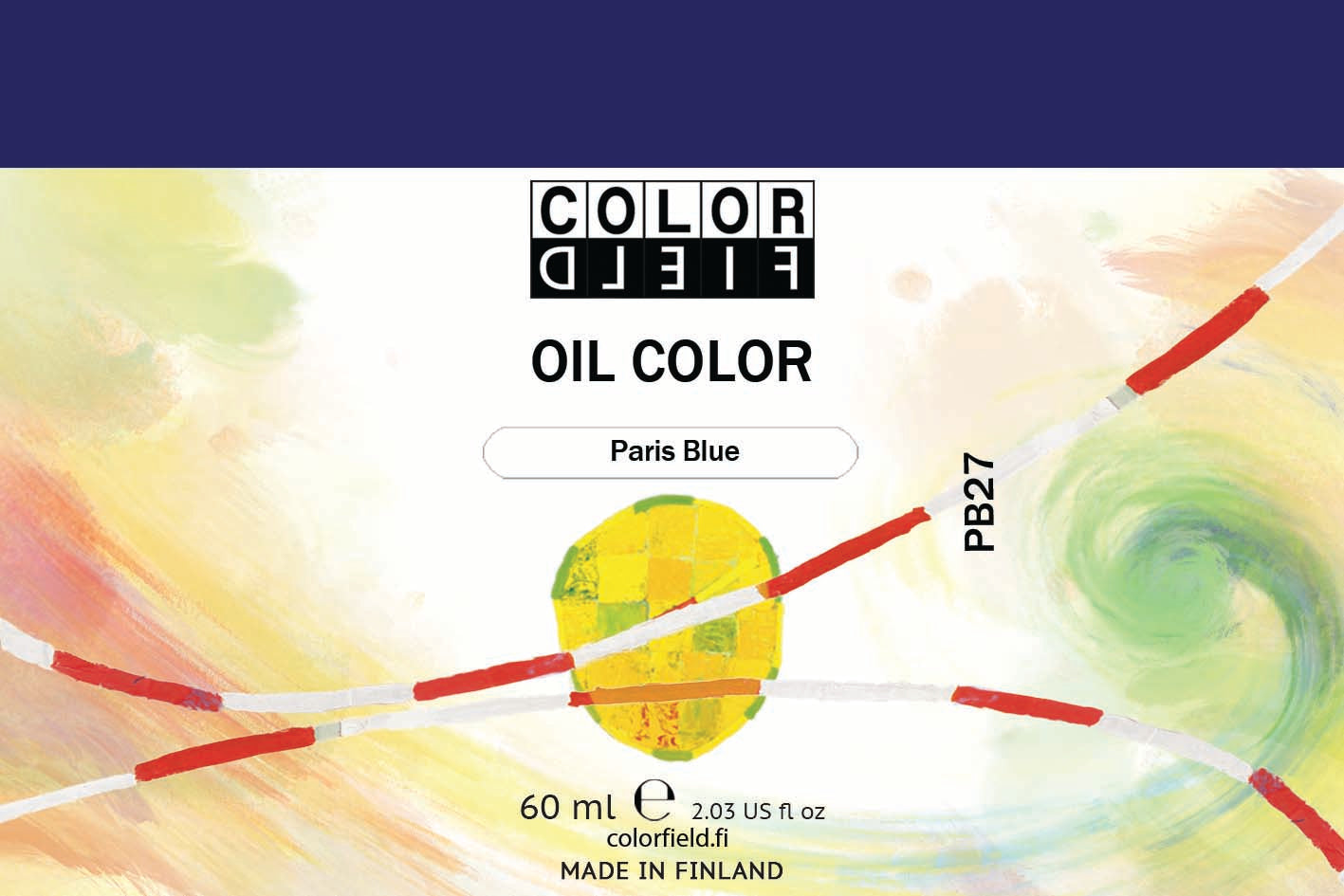 Colorfield taiteilijan öljyväri. Useat taidemaalarit suosivat öljyvärimaalauksessa Colorfield-öljyvärejämme, sillä niiden valmistuksessa ei käytetä mitään muuta kuin puhdasta pigmenttiä ja sideainetta. Teollisten öljyvärien valmistuksessa käytettävät täyteaineet sekä jatkeet puuttuvat näistä laatuväreistä kokonaan. Näillä öljyväreillä öljyvärimaalaukseen saa täysin erilaisen tuntuman. 0028 Paris Blue  Pigment PB27  Semi-Opaque  60 ml