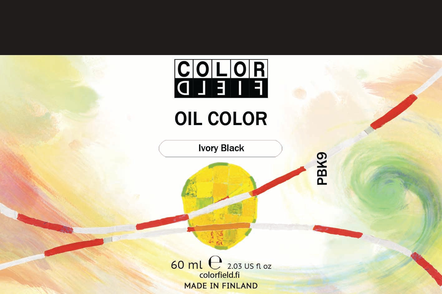Colorfield taiteilijan öljyväri. Useat taidemaalarit suosivat öljyvärimaalauksessa Colorfield-öljyvärejämme, sillä niiden valmistuksessa ei käytetä mitään muuta kuin puhdasta pigmenttiä ja sideainetta. Teollisten öljyvärien valmistuksessa käytettävät täyteaineet sekä jatkeet puuttuvat näistä laatuväreistä kokonaan. Näillä öljyväreillä öljyvärimaalaukseen saa täysin erilaisen tuntuman. 0052 Ivory Black   Pigment PBk9  Opaque  60 ml