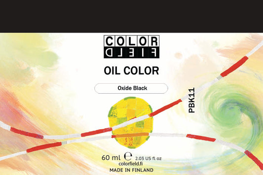 Colorfield taiteilijan öljyväri. Useat taidemaalarit suosivat öljyvärimaalauksessa Colorfield-öljyvärejämme, sillä niiden valmistuksessa ei käytetä mitään muuta kuin puhdasta pigmenttiä ja sideainetta. Teollisten öljyvärien valmistuksessa käytettävät täyteaineet sekä jatkeet puuttuvat näistä laatuväreistä kokonaan. Näillä öljyväreillä öljyvärimaalaukseen saa täysin erilaisen tuntuman. 0054 Oxide Black  Pigment PBk11  Opaque  60 ml